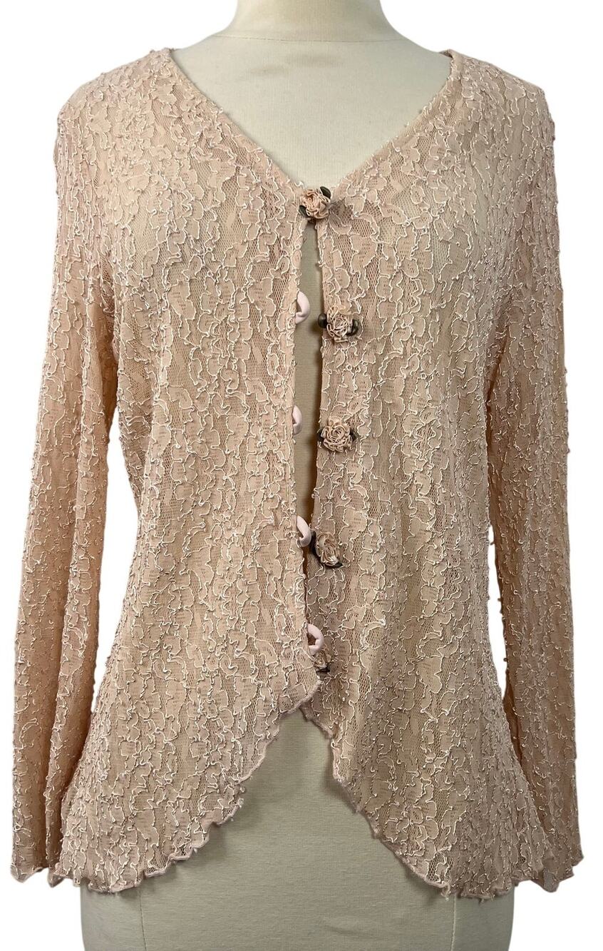 Vintage Pink Sheer Lace Top Floral Rosette Button Down Fairy Angelic Size S/M